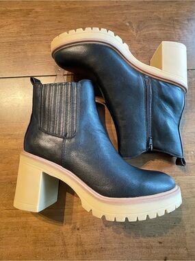 Dolce Vita Black Leather Chelsea Lug Heel Boots with Cream Platform